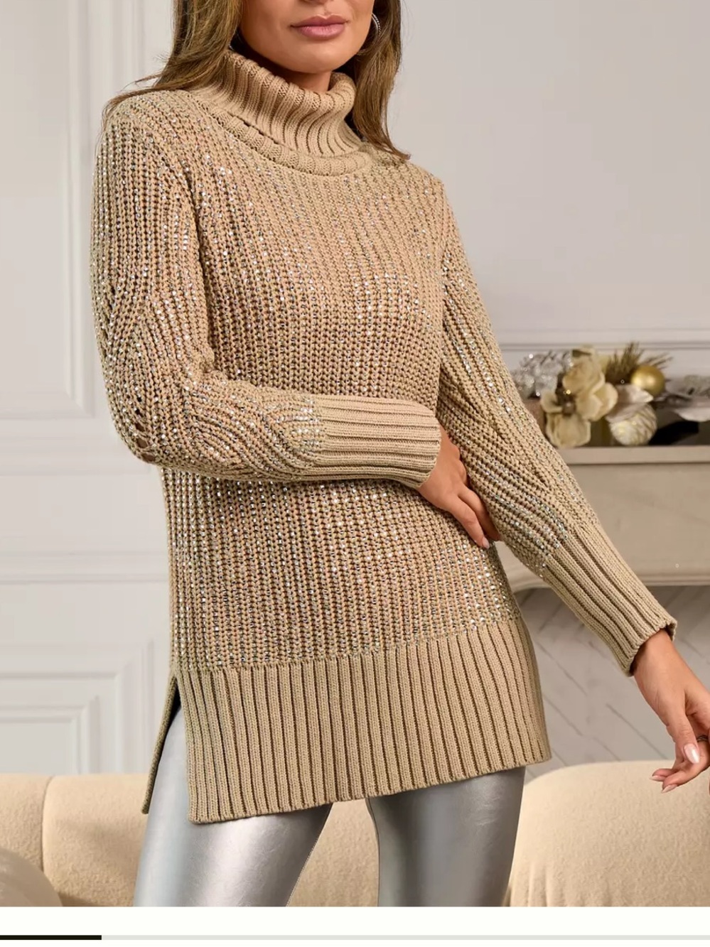 🆕 Boston Proper Embellished Cotton Longline Slit  Hem Turtleneck Sweater S Tan